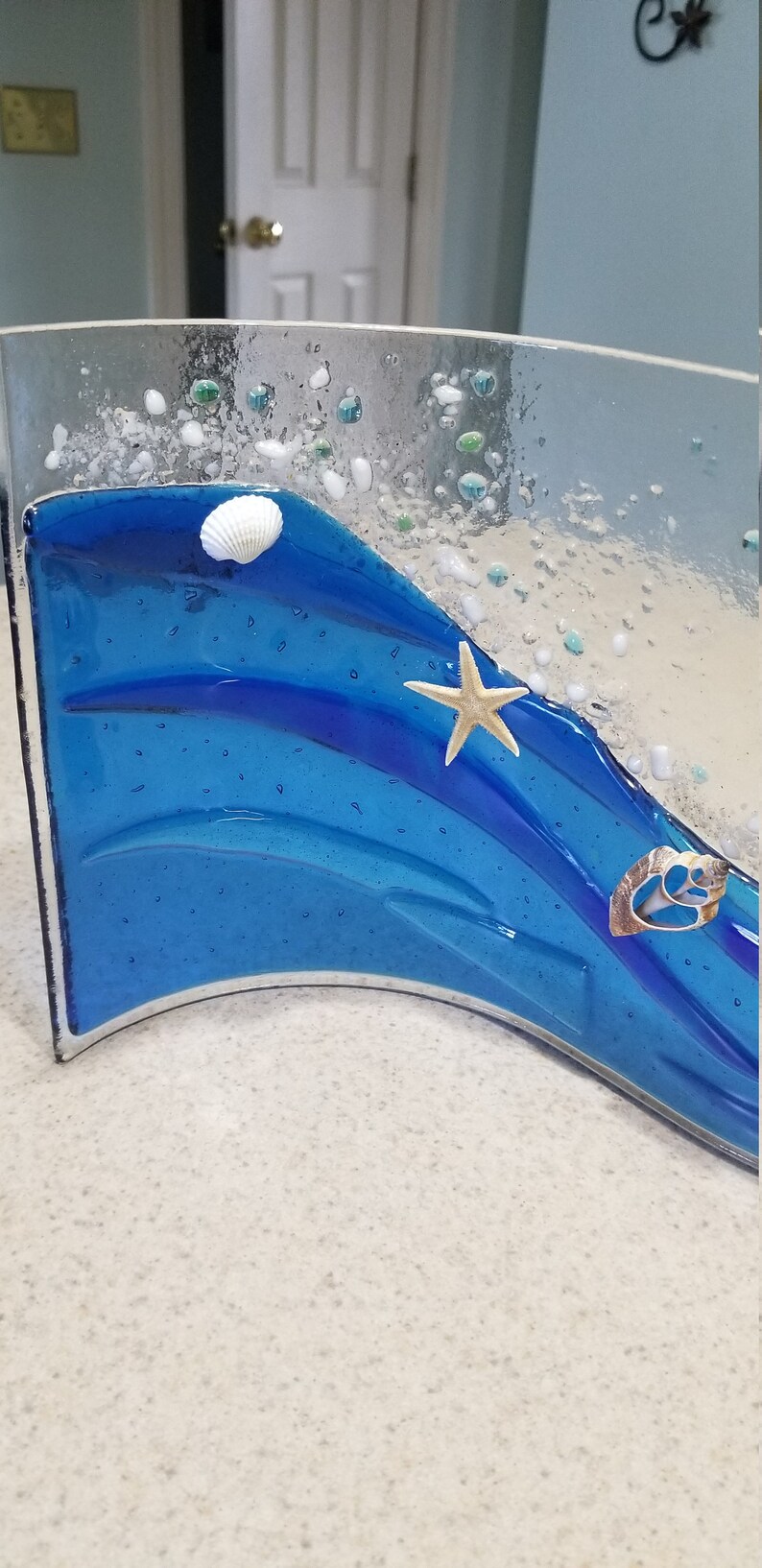 fused glass blue wave with seashells