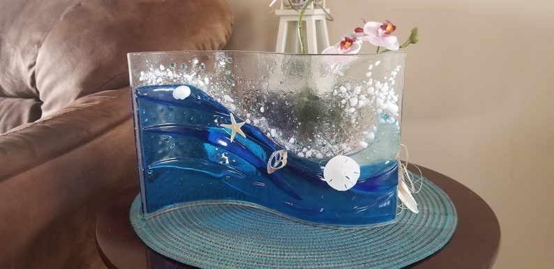 fused glass blue wave with seashells