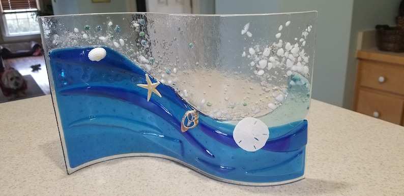 fused glass blue wave with seashells