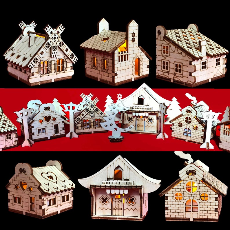 Tiny Wooden Christmas Village 3D Puzzle for Tree Ornaments or | Etsy