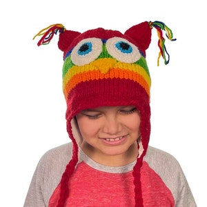 Owl Beanie Hat, Children Winter Hat Earflaps for Boys or Girls, Stretchy Hat, Adults Animal Hat, Red One Size