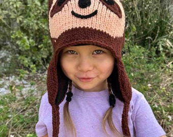 Sloth Animal Beanie Hat Stretchy 100% Wool Fleece Lined Kids Adults Unisex Winter Hat