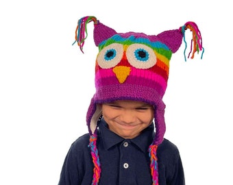 Mothers Day Gift Beanie | Owl  Hat | Children Winter Hat Earflaps for Toddlers Boys or Girls | Stretchy Hat | Adults Animal Hat | Purple