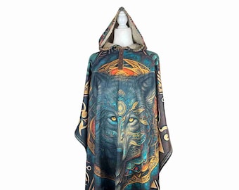 Warm and Stylish Unisex Cape Poncho: Handcrafted Overcoat - Perfect Mothers Day Gift - Magic Psychedelic Wolf Teal Yellow