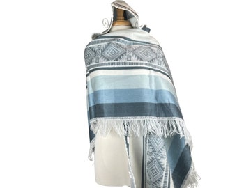Mothers Day Gift Open Unisex Hooded Poncho | Warm Alpaca Wool Poncho Women | Hippie Hoodie Cape | Mens Poncho Hoodie | Dusty Blue White