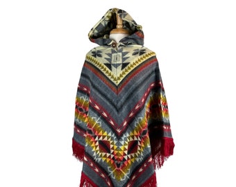 Valentines Day Gift V-Shaped Alpaca Hooded Poncho | Lightweight Soft Woman's Poncho | Hippie Man Poncho | Gray Beige Red Colorful