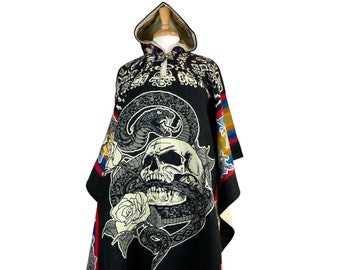 Skull Snake Roses Mens Alpaca Wool Poncho Hoodie | Hooded Cape | Warm Poncho | Hippie Poncho | Poncho Women | Black - Brown - Gray - Teal