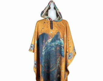 Cozy  Hooded Poncho: Handmade Winter Coat for Her or Him - Perfect Mothers Day Gift - Gray Wolf Mustard Turquoise