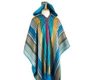 Senf Himmelblau Warmer und weicher Unisex Kapuzen Alpaka Poncho, Geschenkideen, KOSTENLOSER VERSAND