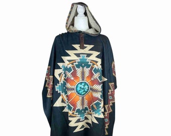 Cozy  Hooded Poncho: Handmade Winter Coat for Her or Him - Perfect Mothers Day Gift - Black with Circle of Feathers