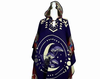 Mushrooms & Moon Phases Mens Alpaca Wool Poncho Hoodie | Warm Hooded Cape | Soft Hippie Poncho Women | Black - Purple - Navy - Teal