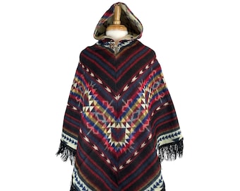 Mothers Day Gift V-Shaped Alpaca Hooded Poncho | Lightweight Soft Woman's Poncho | Hippie Man Poncho | Black Red Colorful