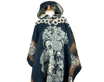 Warm Hooded Unisex Poncho | Alpaca Wool Poncho Cape | Hippie Poncho Jacket | Mens Poncho Hoodie Coat | Catrina Sugar Skull | Navy