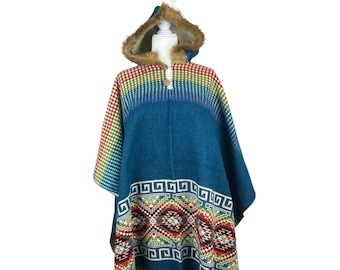 May include: A blue poncho with a colorful geometric pattern and a faux fur hood.
