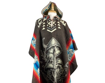 Sweat à capuche poncho en laine d'alpaga Mushrooms pour hommes | Cape chaude à capuche | Doux poncho hippie femme | Noir - Marron - Gris - Sarcelle