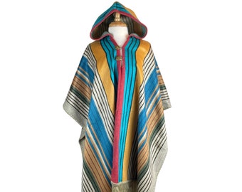Mothers Day Gift Warm Hooded Alpaca Blend Poncho Men | Wool Hooded Striped Cape | Hoodie Hippie Poncho Women | Sand Mustard Sky Blue