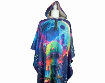 Mothers Day Gift Colorful Mushroom Hooded Poncho, Soft Cozy Unisex Cape, Warm Hippie Outerwear, Bright Blue