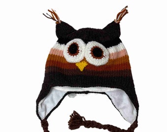 Valentines Day Gift Brown Owl Beanie Hat for Kids | Womens Hats | Fitted Cute Woolly Winter Hat | Animal Knitted Beanie Hat | Ski Hat