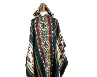 Valentines Day Gift Warm Mens Alpaca Wool Poncho Hoodie | Hooded Cape | Hippie Poncho | Poncho Women | Dark Green Colorful