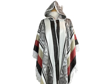 Weiß-brauner Ziegelstein Unisex Alpaka Offene Front Poncho Mantel | Weicher Woll Kapuzen Umhang, Warmer Hippie Poncho, Einheitsgröße