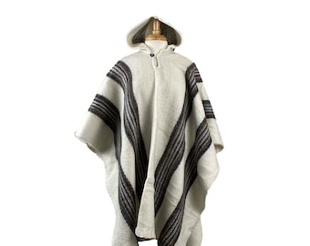 Heavy 100% Sheel Wool Poncho - White Brown Hooded Unisex Cape for Women and Men