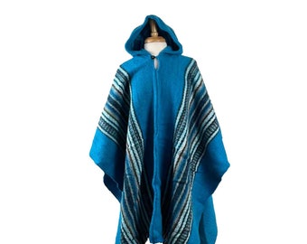Mothers Day Gift Warm Weighted Mens Wool Poncho Hoodie | Hippie Hooded Poncho | Streetwear Cape | Outerwear | Turquoise White