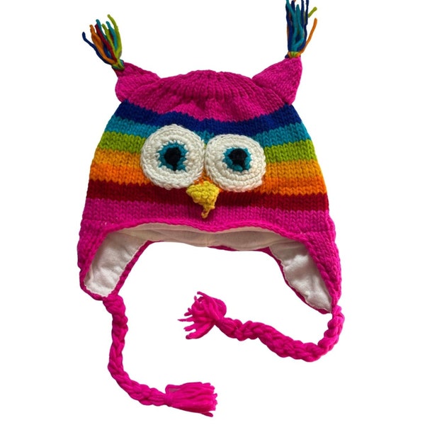Mothers Day Gift Owl Beanie Hats Kids | Womens Hats | Fitted Cute Woolly Winter Hat | Animal Knitted Beanie Hat | Ski Hat | Magenta