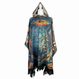 Magic Psychedelic Wolf Teal Yellow Unisex Cape Poncho, Handcrafted Overcoat, One Size, Christmas Gift