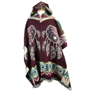 Ying Yang  Dreamcatcher Warm Unisex Hooded Alpaca Poncho | Soft Wool Cape Women |   Hippie Mens Poncho Hoodie | Burgundy Beige