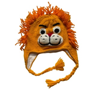 Lion Knitted Beanie Hat with Earflaps | Animal Beanie Hat | Wool Winter Hat | Kids Hat | Ski Gifts