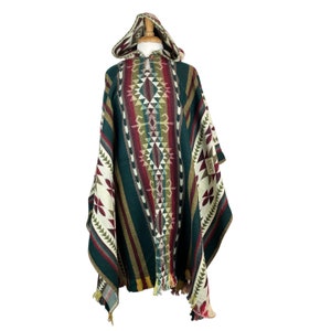 Alpaca Wool Poncho (Dark Green Colorful) Warm Cozy Unisex Cape with Hood. Made by Artisans from the Andes. One Size Gift Idea FREE Shipping