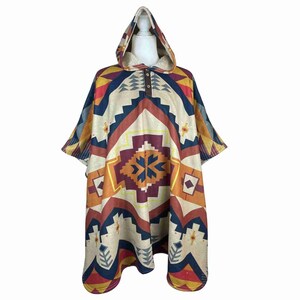 Beige Navy Brick Unisex Hooded Poncho Handcrafted Overcoat