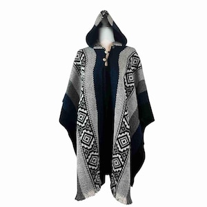 Weighted Sheep Wool Poncho (Navy White) Warm Cozy Unisex Cape with Hood. Made by Artisans from the Andes. One Size Gift Idea FREE Shipping
