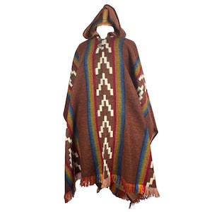 Grandpa  Gift Warm Mens Alpaca Wool Poncho Hoodie | Hooded Cape | Cozy Hippie Poncho | Soft Poncho Women | Terracotta Beige Arrows