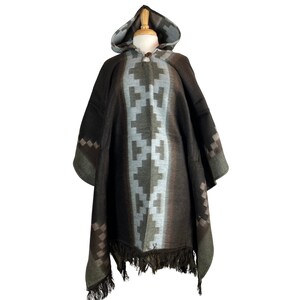Warm Unisex Hooded Alpaca Wool Poncho Cape | Hippie Poncho Jacket | Mens Poncho Hoodie Coat |  Coffee Silver | Christmas Gift