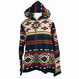 Warm & Soft Mens Alpaca Wool Jacket Hoodie | Hooded Coat with Pockets | Hippie Overcoat | Women Outerwear | Navy Colorful Beige