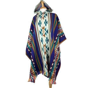 Indigo Colorful Mens Alpaca Poncho Hoodie, Hippie Hooded Poncho