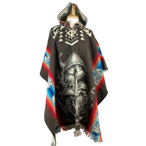 Mushrooms Mens Alpaca Wool Poncho Hoodie | Warm Hooded Cape | Soft Hippie Poncho Women | Black - Brown - Gray - Teal