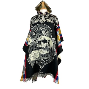 Poncho de lana de alpaca con capucha para hombre, diseño de calavera, serpiente y rosas, capa con capucha, poncho cálido, poncho hippie, poncho para mujer, negro, marrón, gris y verde azulado