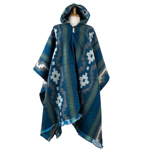 Versatile Hooded Boho Hippie Poncho | Warm Woolen Overcoat for Women and Men | Chic Hippie Style in Blue Teal Gray