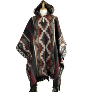 Alpaca Wool Poncho (Mocca Beige Red) Warm Cozy Unisex Cape with Hood. Made by Artisans from the Andes. One Size Gift Idea FREE Shipping