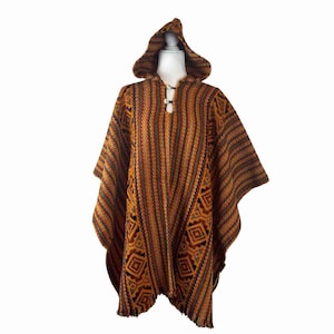 Weighted Sheep Wool Poncho (Orange) Warm Cozy Unisex Cape with Hood. Made by Artisans from the Andes. One Size Gift Idea FREE Shipping