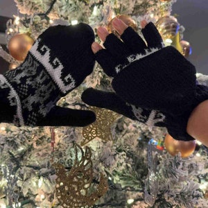 Handcrafted Alpaca Convertible Mittens, Soft Warm Knitted Hand Warmer, Fingerless, Wool Half Fingers Gloves Size SM Neutral Colors