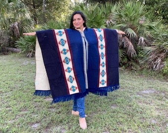 Valentines Day Gift Warm Soft Hooded Alpaca Poncho for Women & Men with Geometric Patterns | Blue Red | Christmas Gift