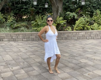 Mothers Day Gift Boho Halter Tail Dress | Deep V Neck Dress | Open Back Beach Dress Size M | White