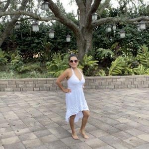Mothers Day Gift Boho Halter Tail Dress | Deep V Neck Dress | Open Back Beach Dress Size M | White