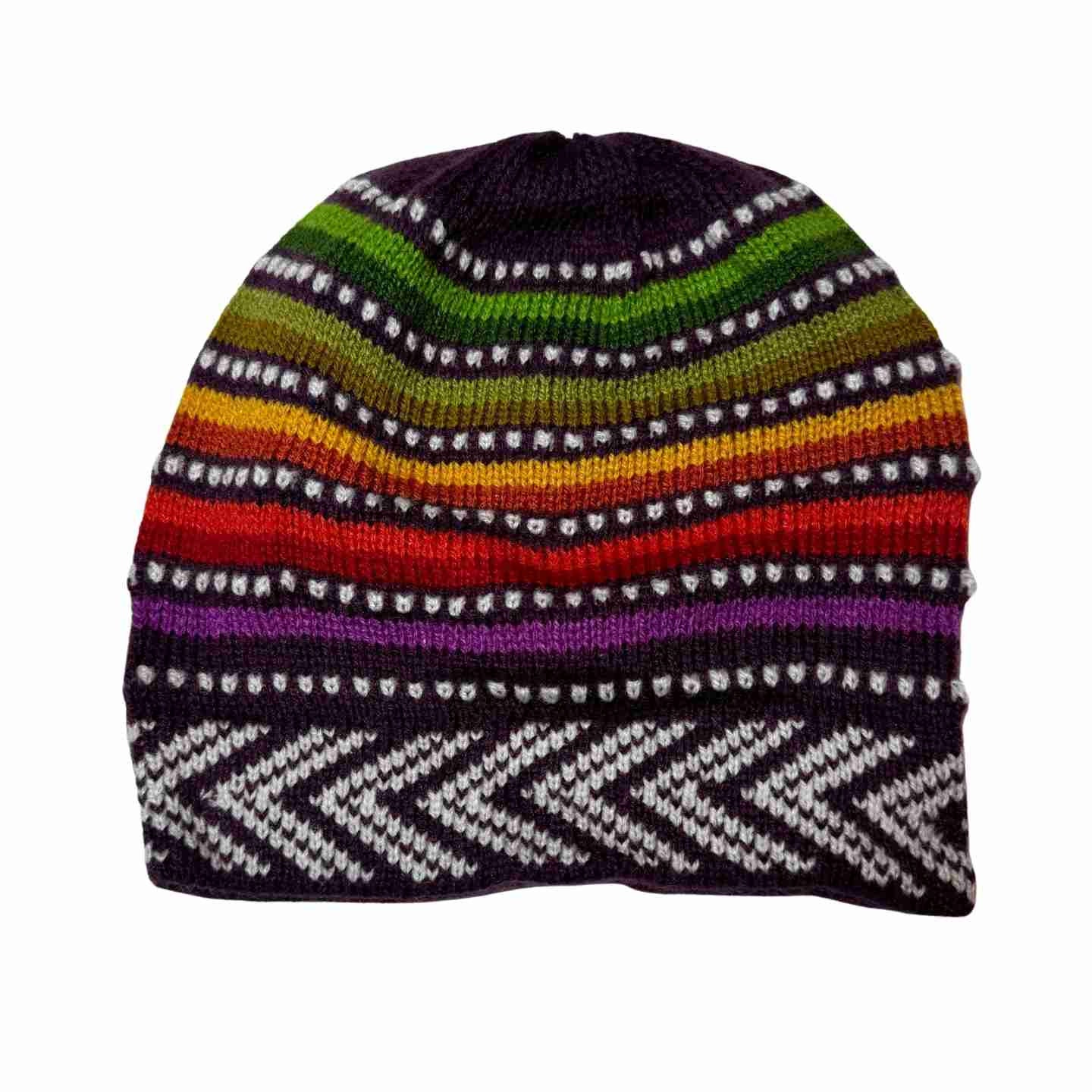 Unisex Striped Colorful Hand Knit Alpaca Beanie Hat for