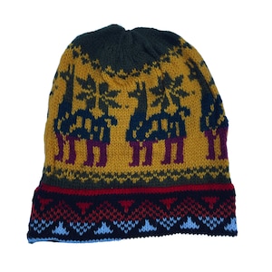 Soft Knitted Beanie Hat | Chemo Headwear | Snowboard Fitted Alpaca Hat | Peruvian Chullo Llama Olive Mustard