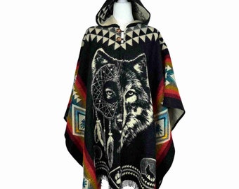 Wolf Dreamcatcher Poncho for Men or Women, Warm Alpaca Wool Poncho, Hippie Hoodie Black Poncho