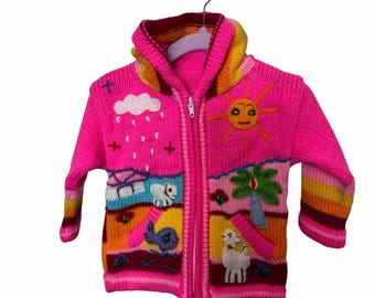 Kids Embroidered Knit Sweater Hooded Cardigan Handmade Peruvian Winter Jumper Gift for Babies and Toddlers